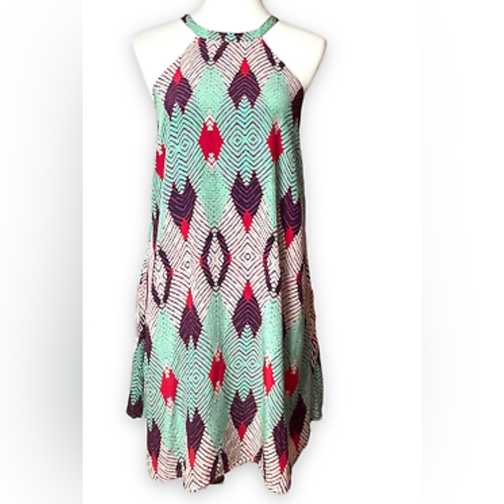 Maeve Geometric Patterned Dress - Mint, Red, and Navy